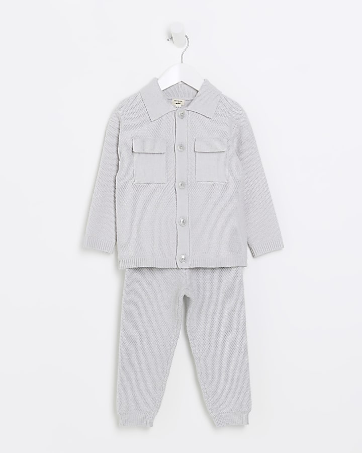 Mini boys grey knit shirt and joggers set