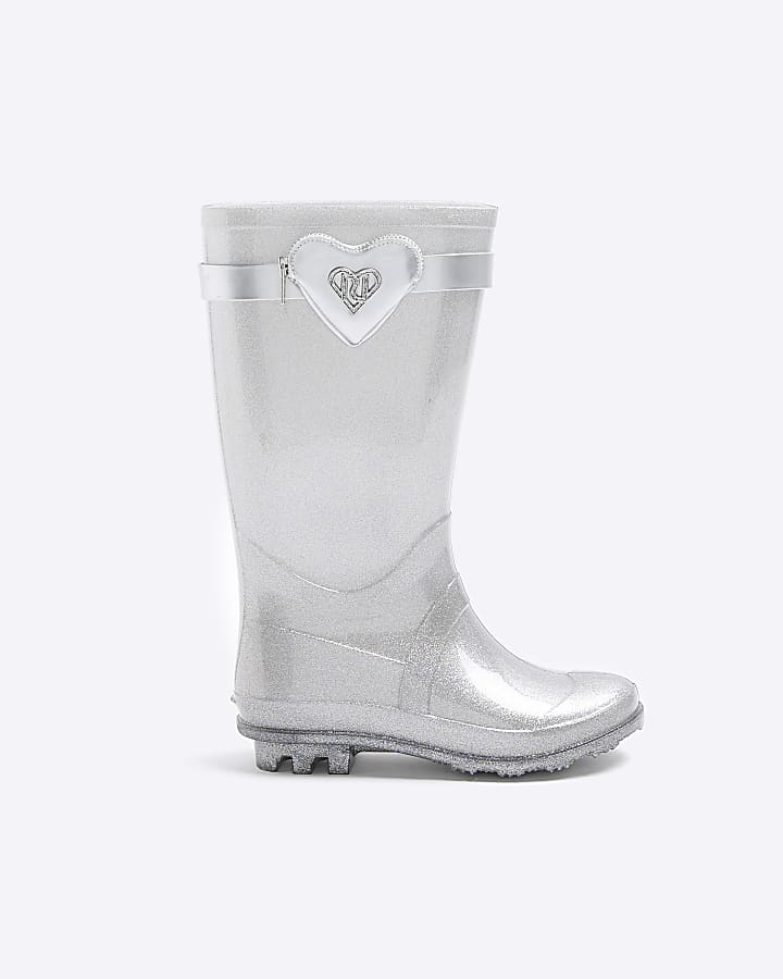 Girls silver heart pocket wellie boots River Island