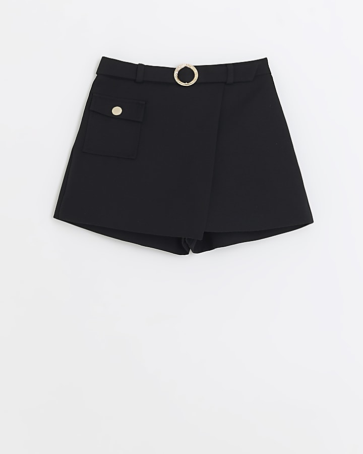 Girls black belted wrap cargo skort