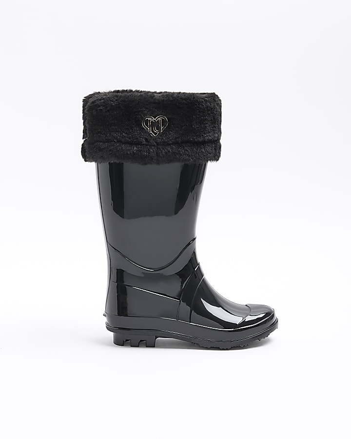 Girls Black Faux Fur Cuff Wellie Boots River Island