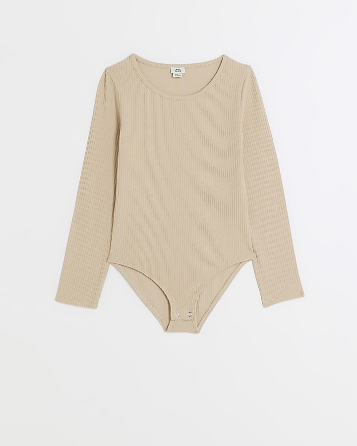 Girls beige long sleeve ribbed bodysuit top