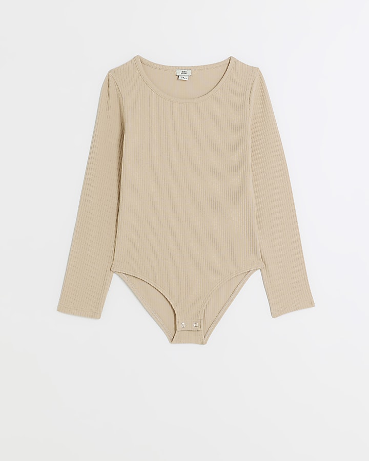 Girls beige long sleeve ribbed bodysuit top