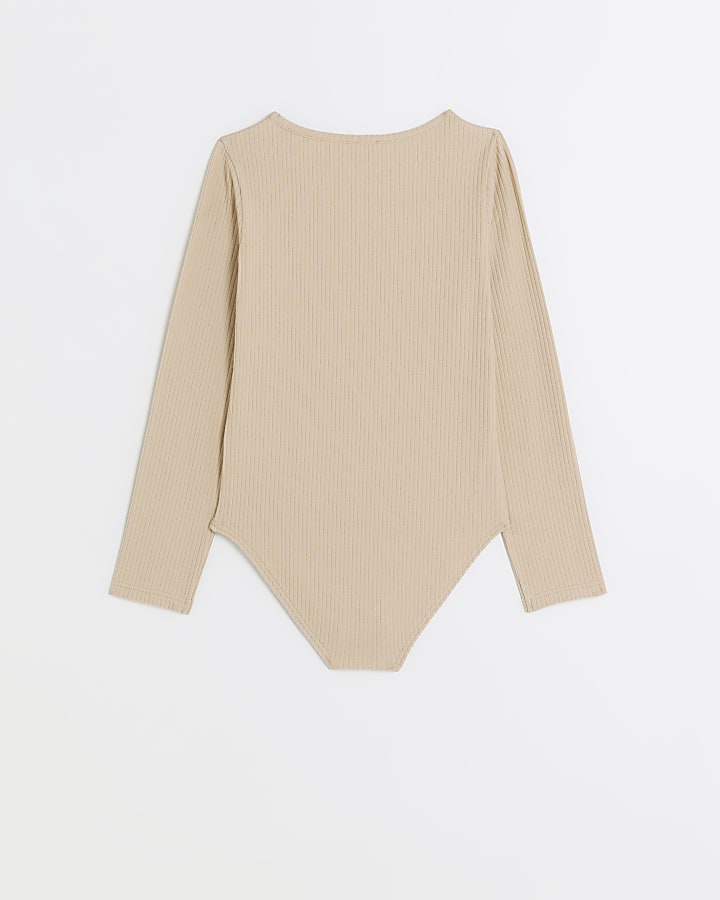 Girls beige long sleeve ribbed bodysuit top