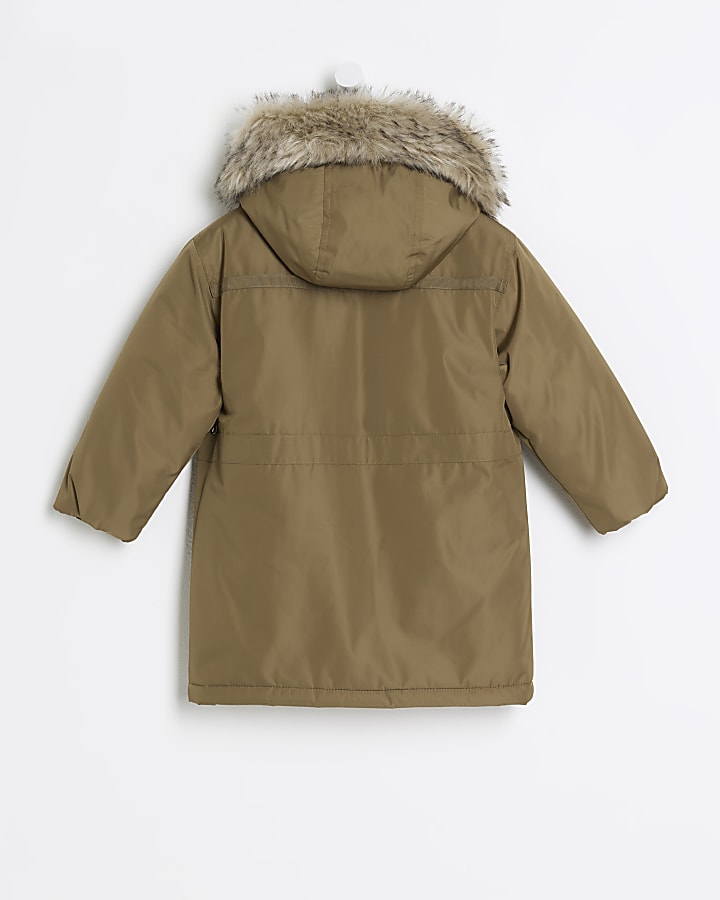 Mini girls Khaki faux fur hooded parka coat