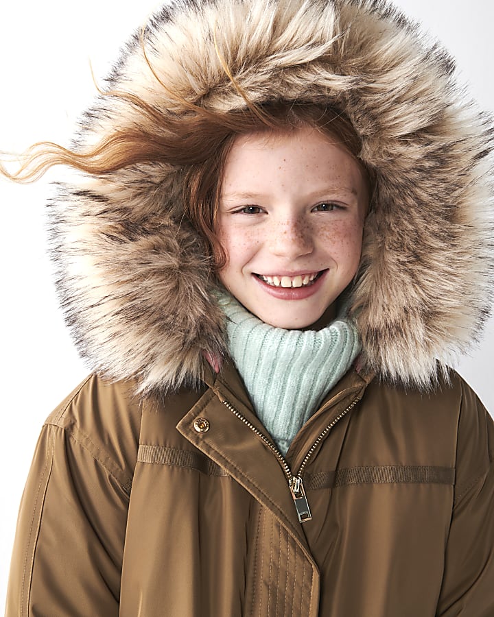 Girls khaki hooded parka coat