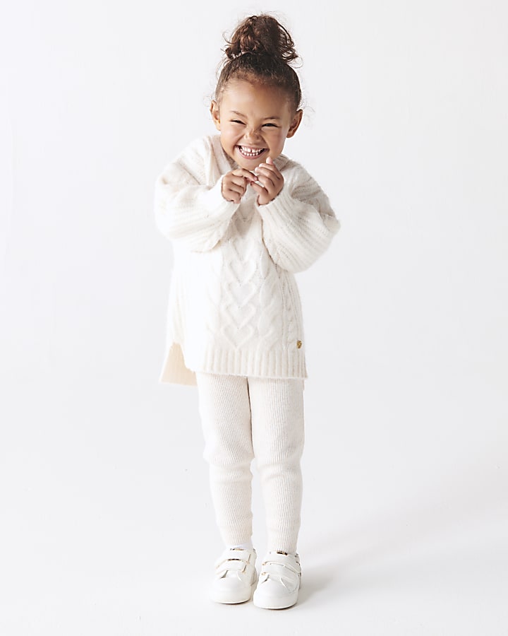 Mini girls beige cable knit jumper set River Island