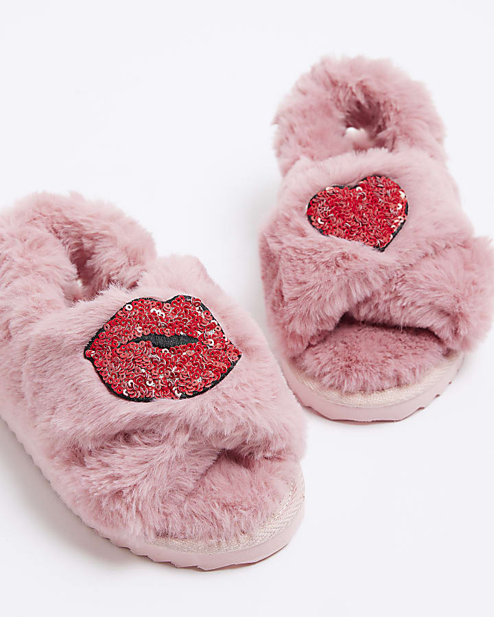 Girls pink faux fur lips slippers
