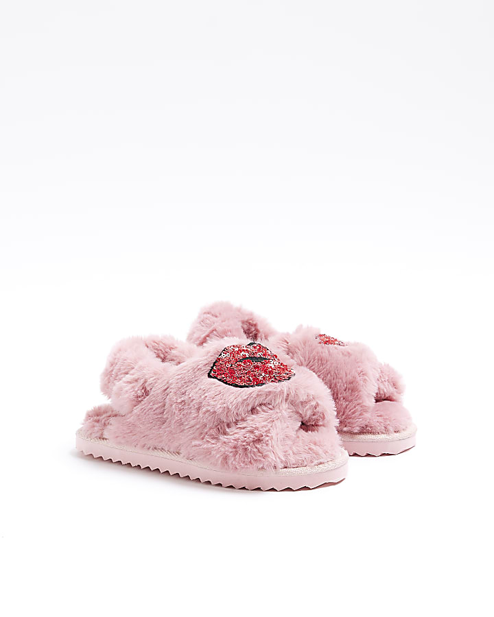 Girls pink faux fur lips slippers