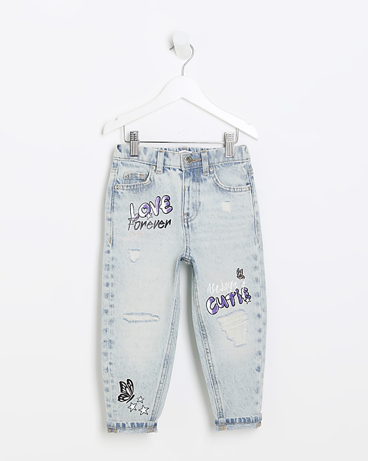 Mini girls blue graffiti mom jeans