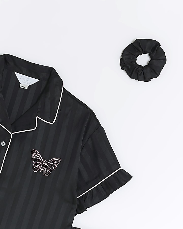 Girls black satin stripe butterfly pyjama set
