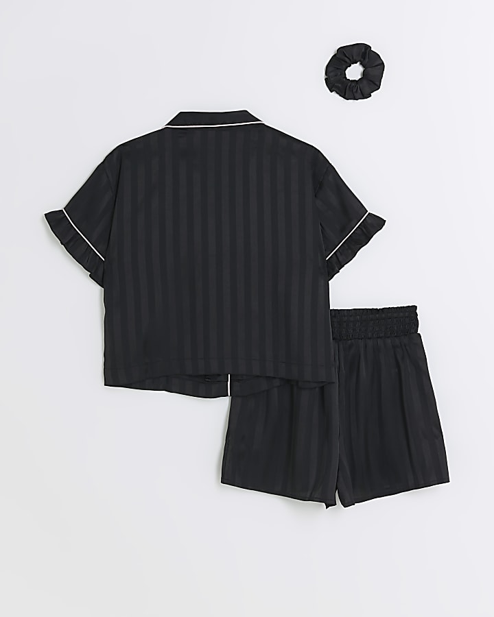 Girls black satin stripe butterfly pyjama set