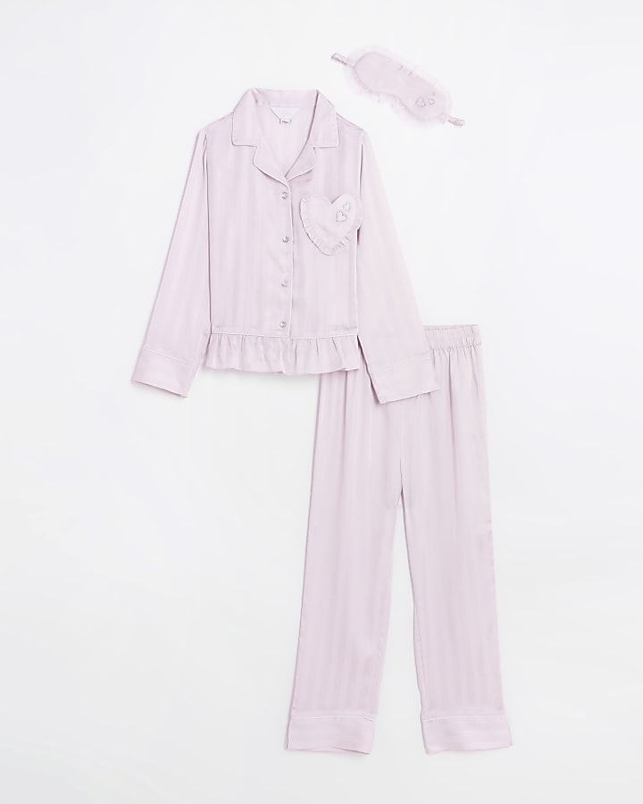 Girls Pink Stripe Peplum Satin Pyjama set River Island
