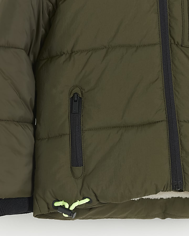 Mini boys khaki borg trim puffer coat