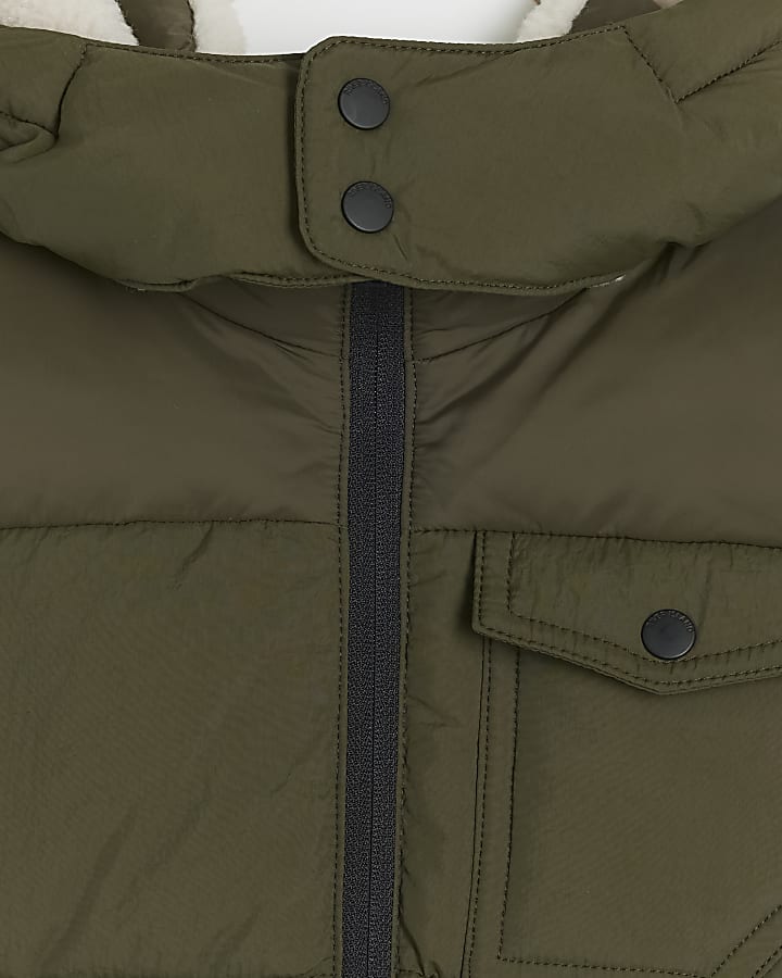 Mini boys khaki borg trim puffer coat