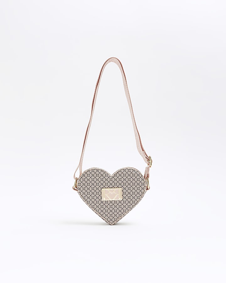 Girls brown RI monogram heart cross body bag