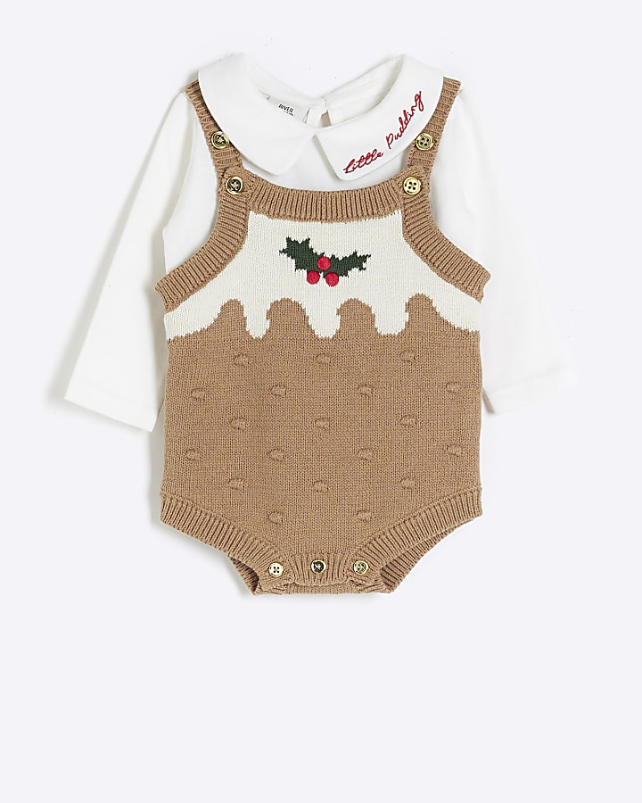 Baby Beige Christmas Pudding knit Romper Set