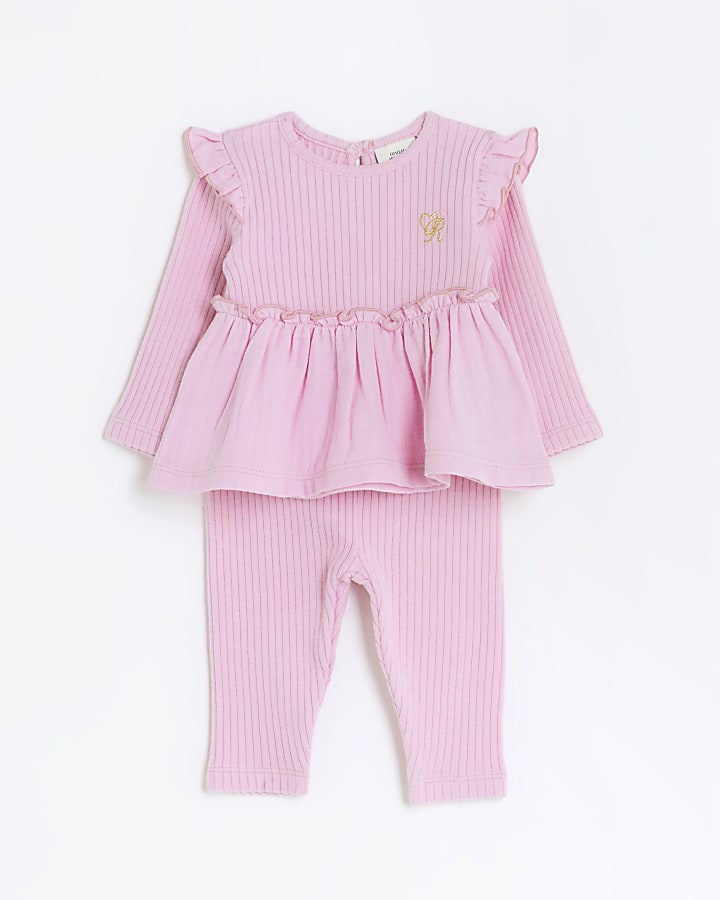 Baby girls pink ribbed peplum outfit