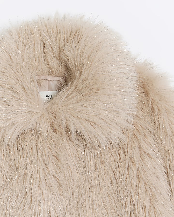 Girls pink tinsel faux fur coat