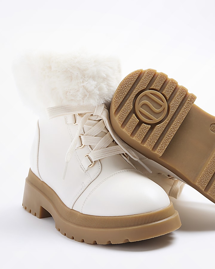 Girls Cream Wide Fit Faux Fur Hiker Boots