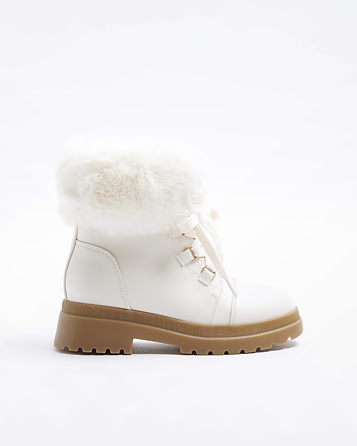 Girls cream faux fur trim hiker boots River Island