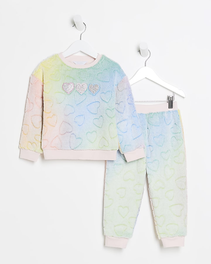 Mini girls pink rainbow heart lounge set River Island