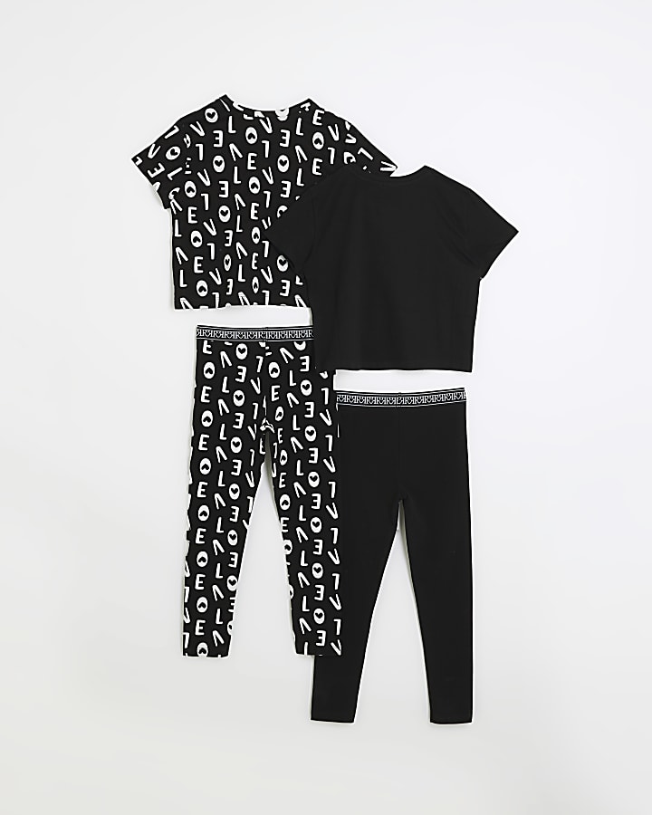 Girls Black print T-shirt and Leggings 4 pack