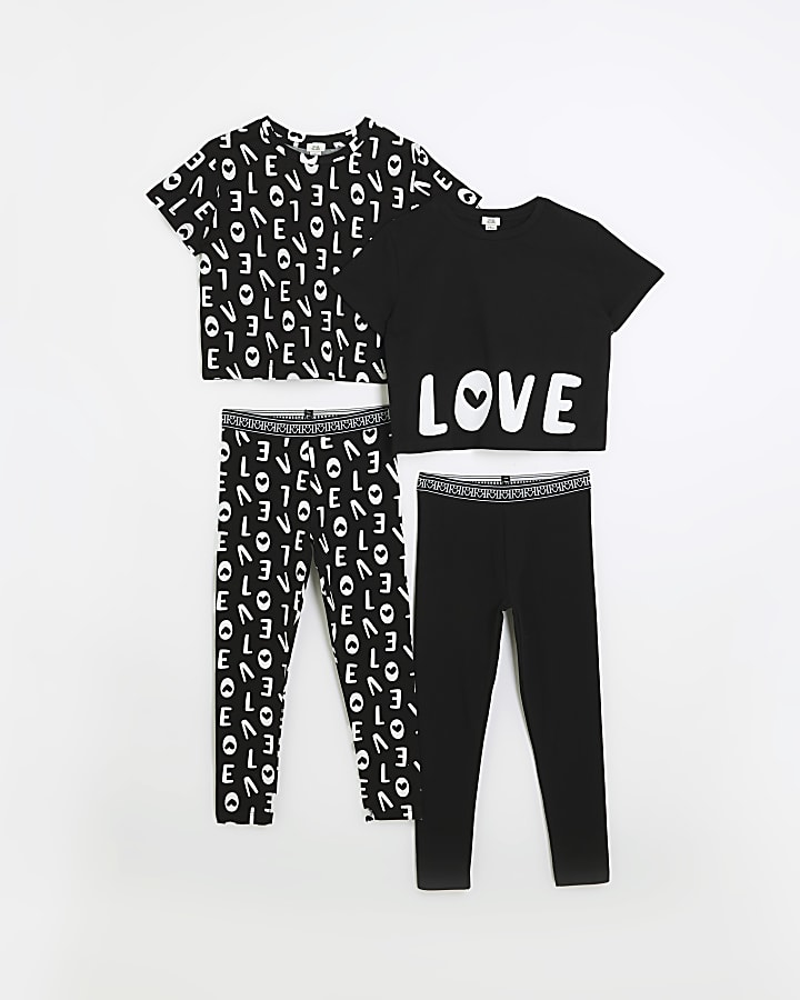 Girls Black print T-shirt and Leggings 4 pack