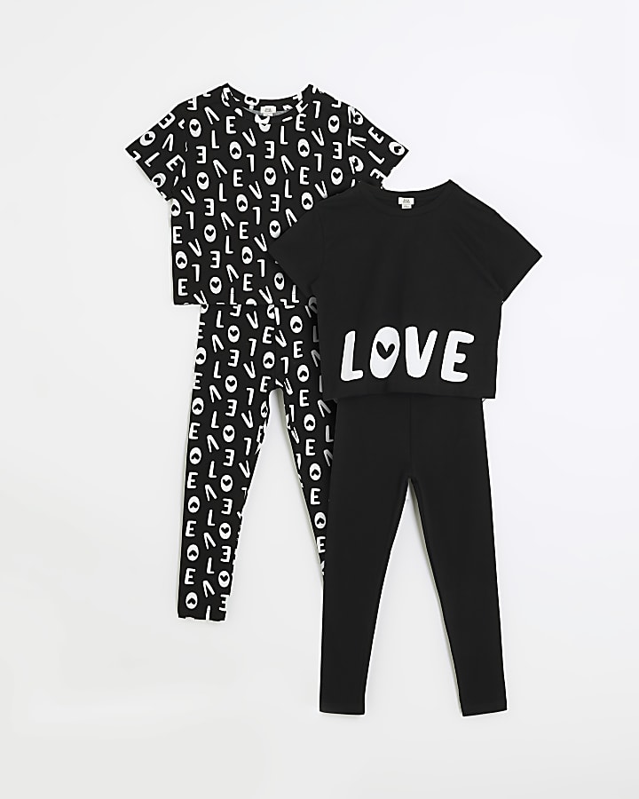 Girls Black print T-shirt and Leggings 4 pack