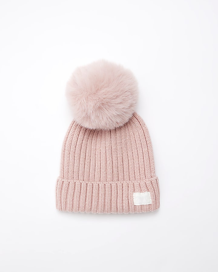 Baby girls pink pom pom beanie hat