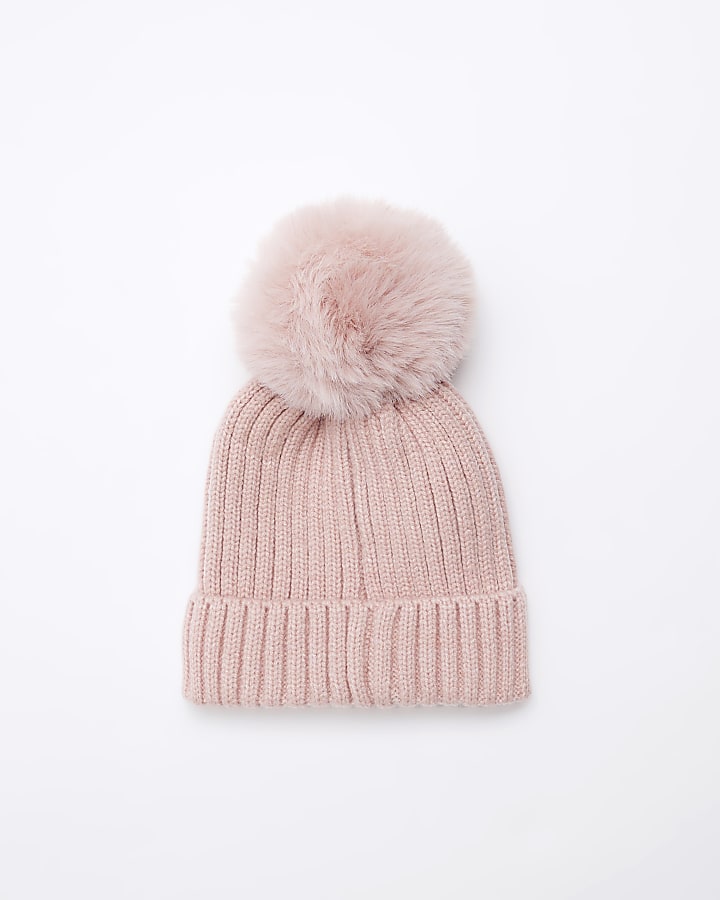 Baby girls pink pom pom beanie hat