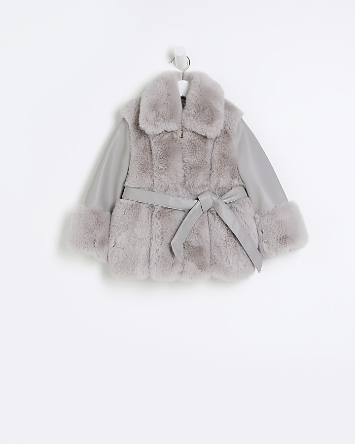 Mini girls grey faux fur wrap coat