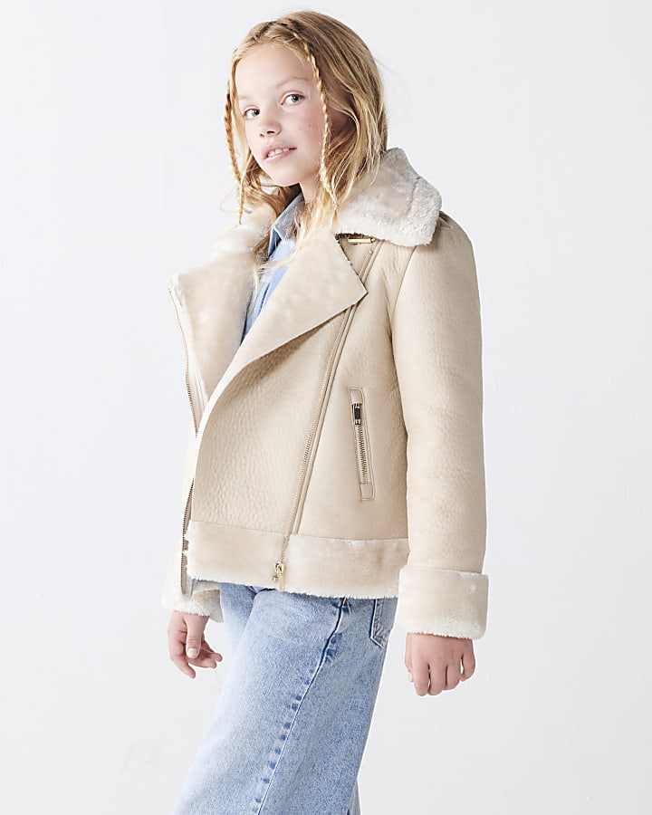 Girls cream faux fur aviator jacket River Island