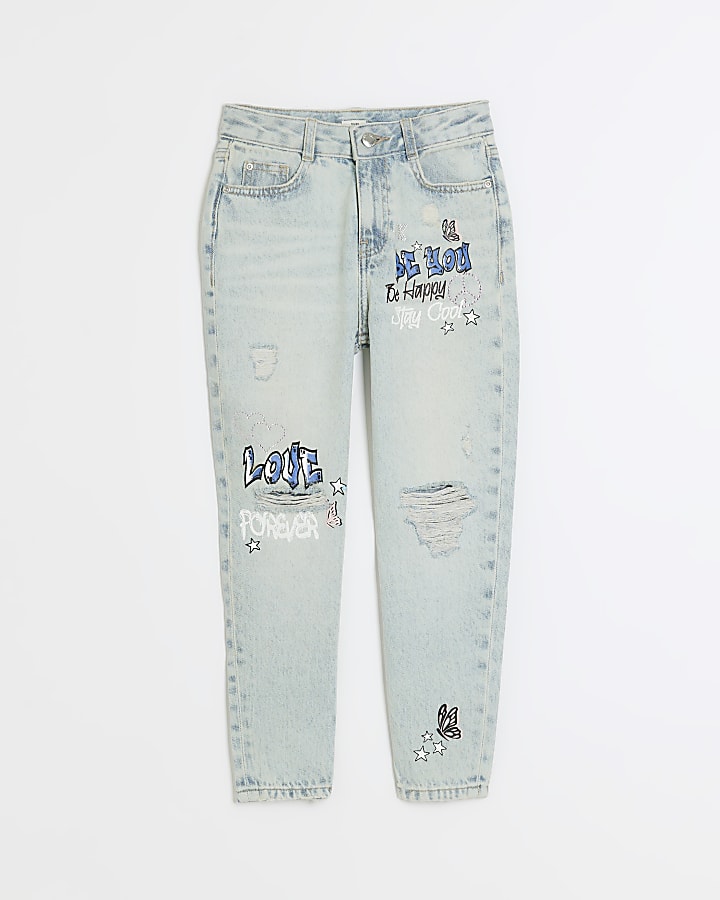 Blue graffiti ripped jeans