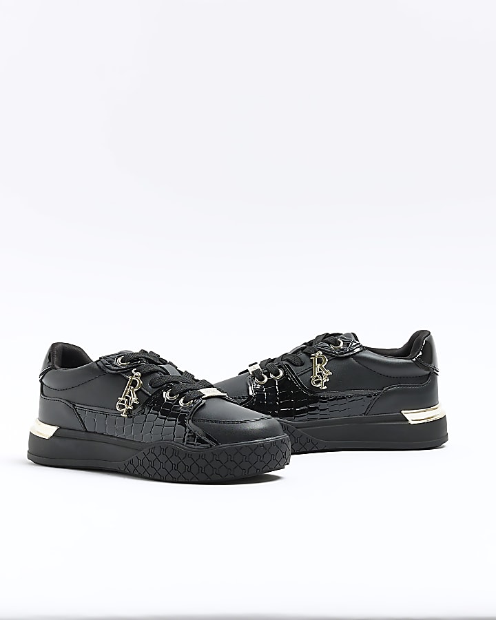 Girls black patent croc embossed trainers