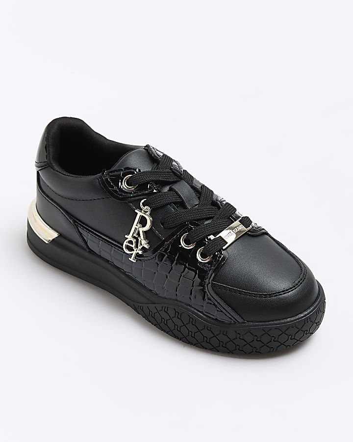 Girls black patent croc embossed trainers