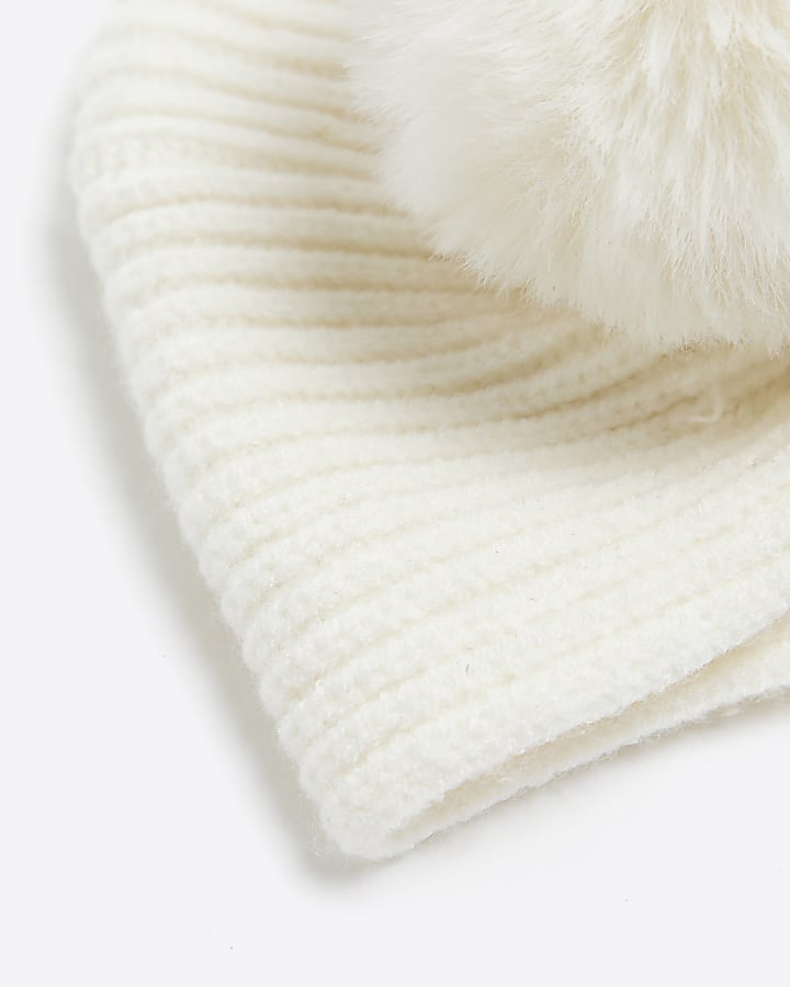 Baby girls Beige knitted pom pom turban hat