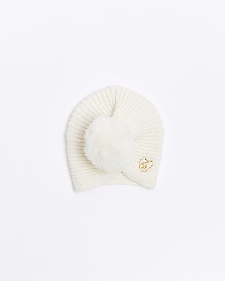 Baby girls Beige knitted pom pom turban hat