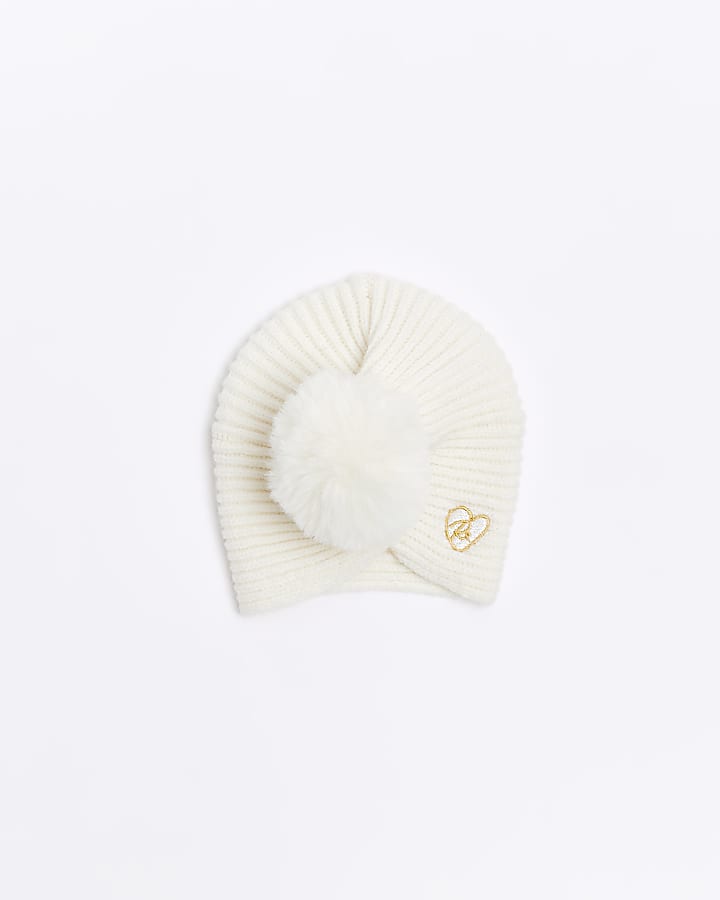 Baby girls ecru knitted pom pom turban hat