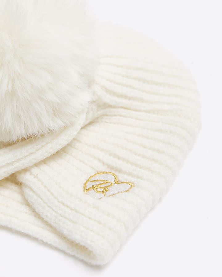 Baby girls Beige knitted pom pom turban hat