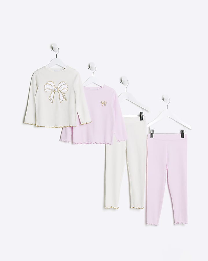 Mini girls cream and pink bow pyjamas 2 pack River Island