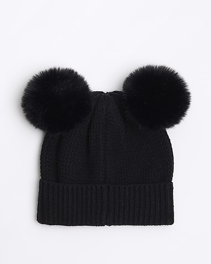 Girls black pom pom beanie hat