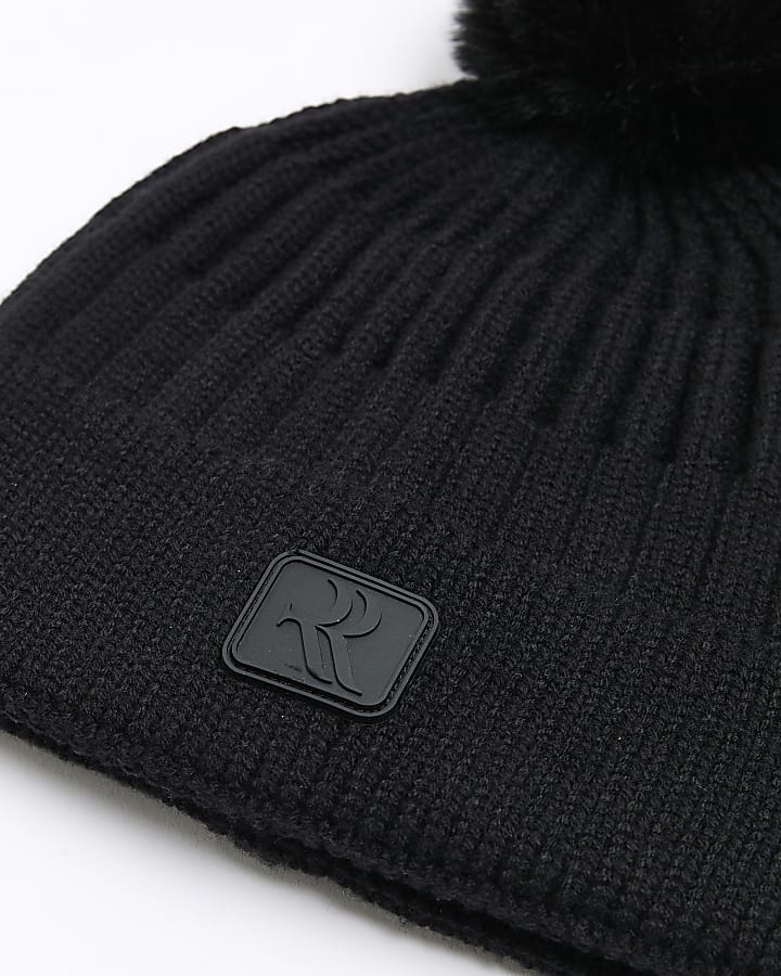 Mini boys black bobble beanie hat