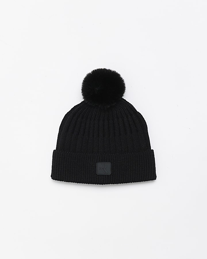 Black bobble beanie hat on sale