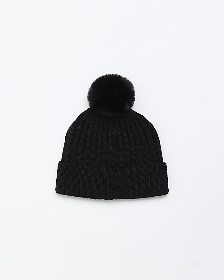 Mini boys black bobble beanie hat