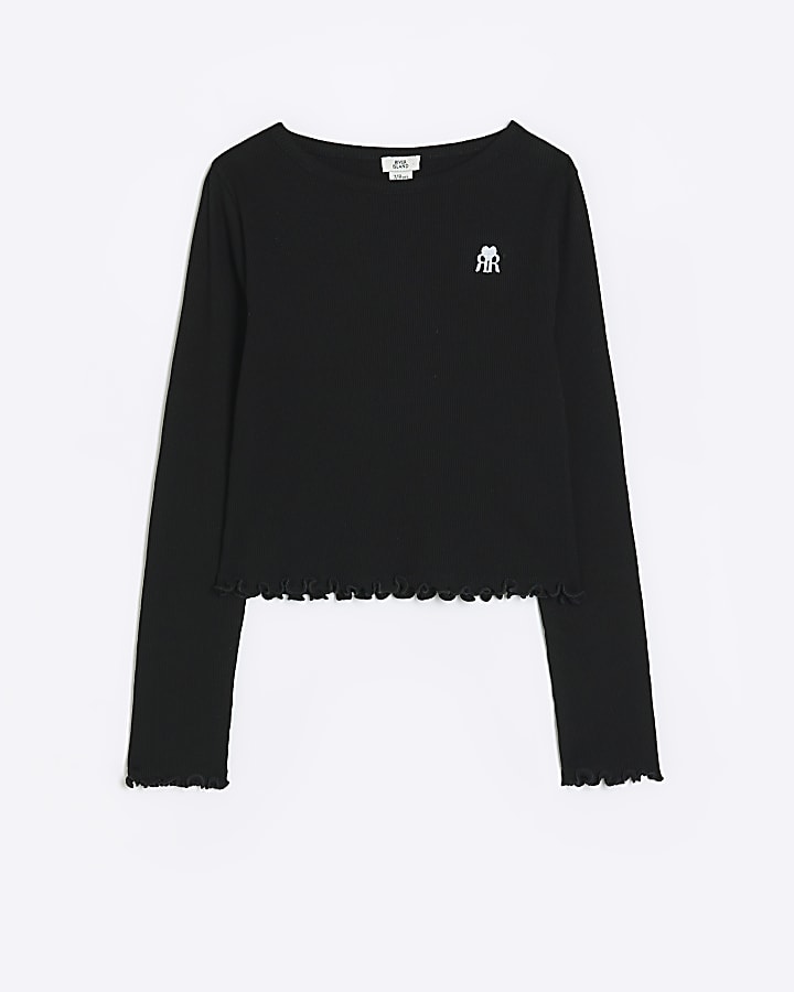 Girls black rib lettuce hem long sleeve top