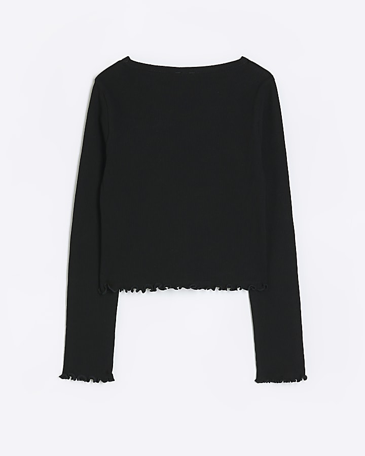 Girls black rib lettuce hem long sleeve top