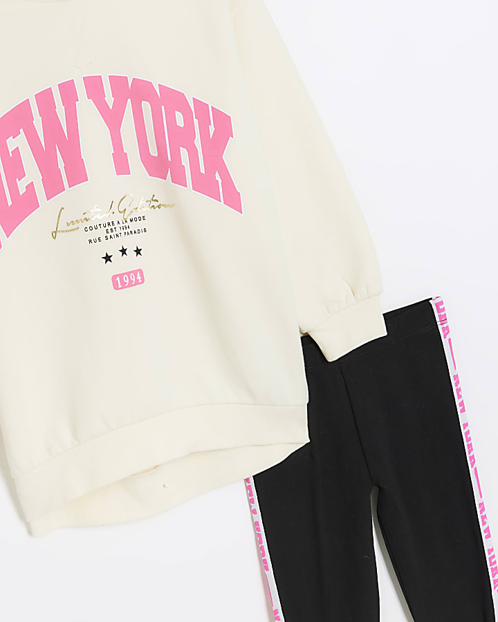 Girls cream New York hoodie and leggings set