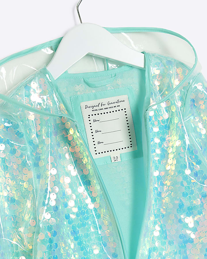 Mini girls blue sequin hooded rain coat