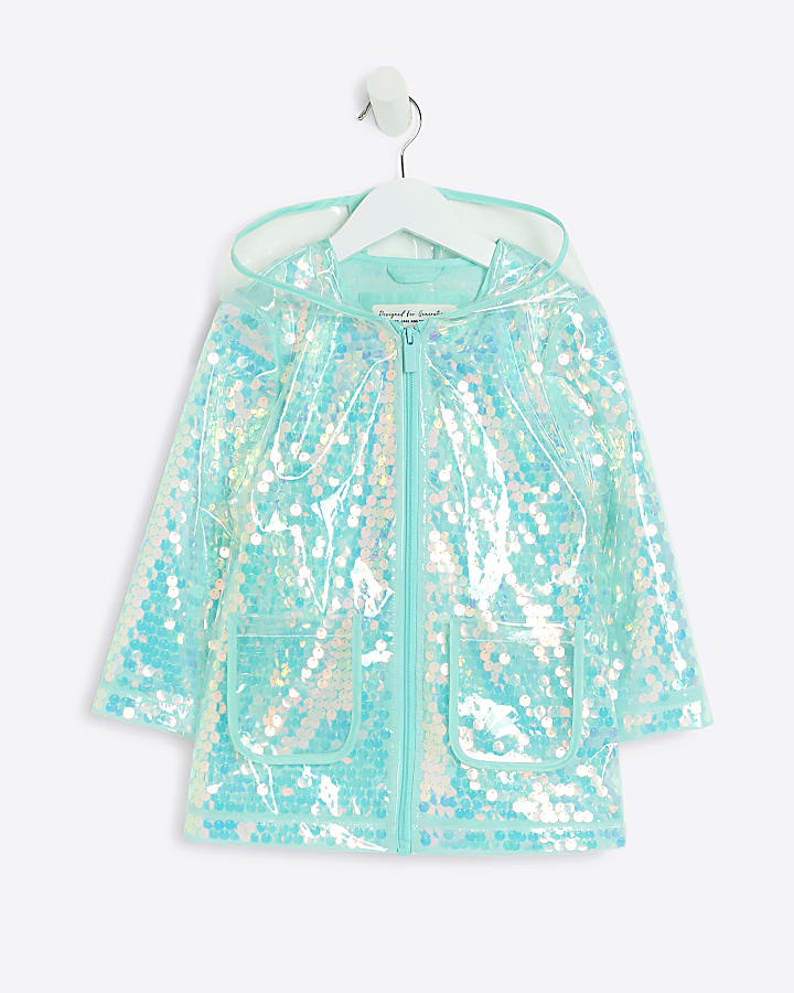 Mini girls blue sequin hooded rain coat River Island