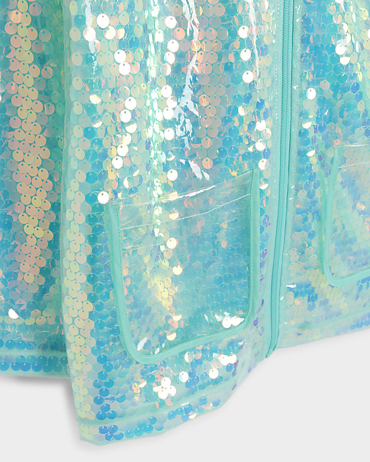 Girls blue sequin hooded rain coat